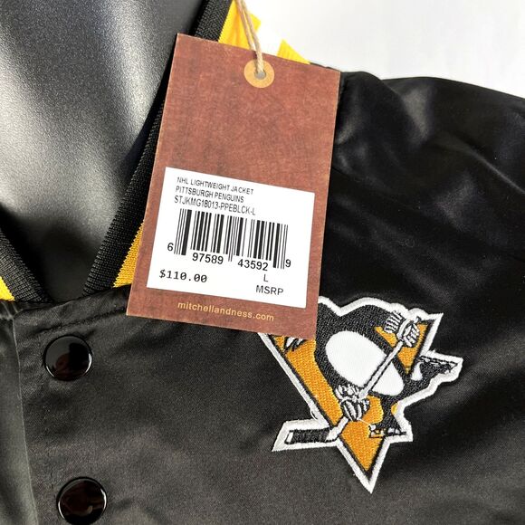 New Mens Mitchell And Ness Pittsburgh Penguins Satin Bomber Jacket Sz L NWT - Picture 3 of 10